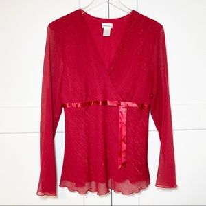 Fashion Bug Red Metallic Long Sleeve Top Satin Bow NWOT